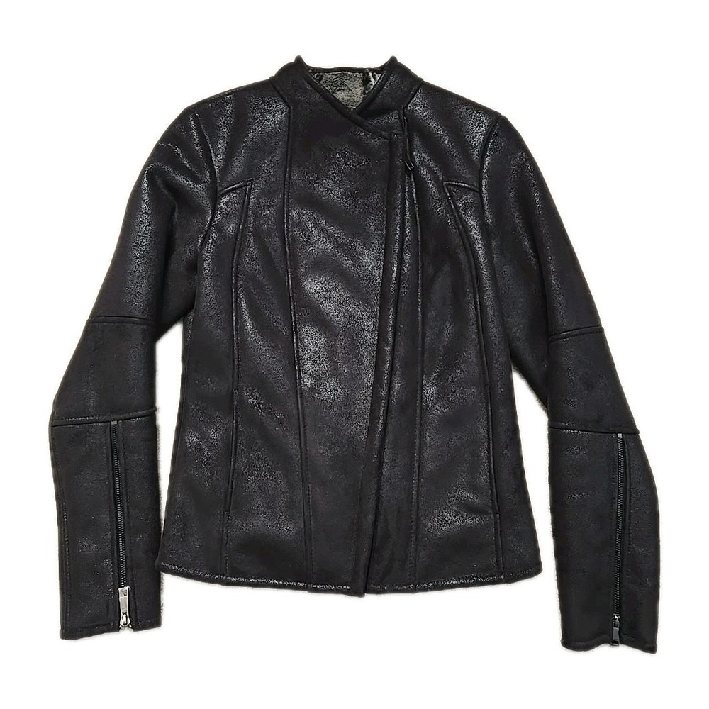 CACHE‎ Moto jacket bomber faux leather faux fur lined  Black Sz S Y2K Warm